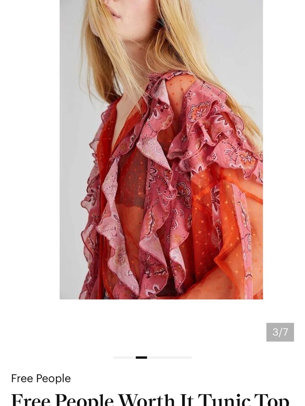 Free People Worth It Pink Orange Sheer Ruffle Floral Button Blouse Boho Fairy - Picture 4 of 14